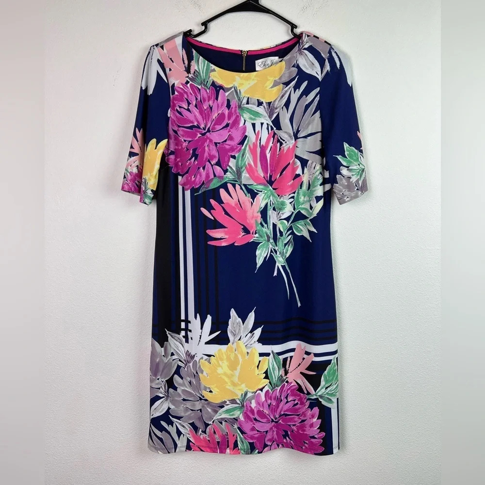 Eliza J Floral Dress‎ Size 6 Midi Shift Dress Zipper Closure Colorful Spring